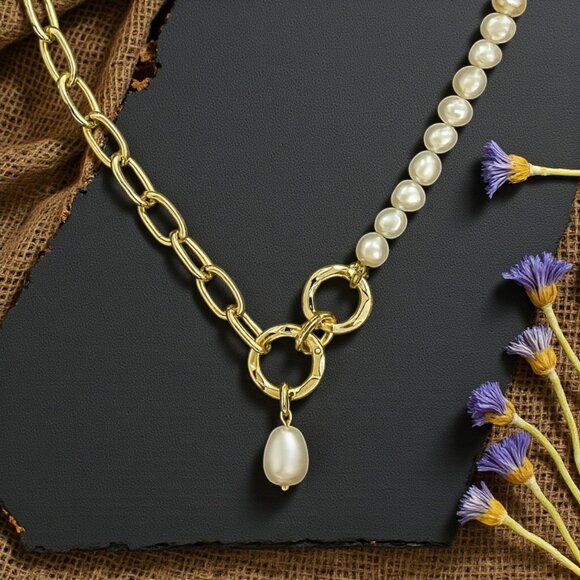 ποΈStatement Necklace Freshwater Pearls 18K Gold Plated Stainless Steel Jewelry - Picture 6 of 14